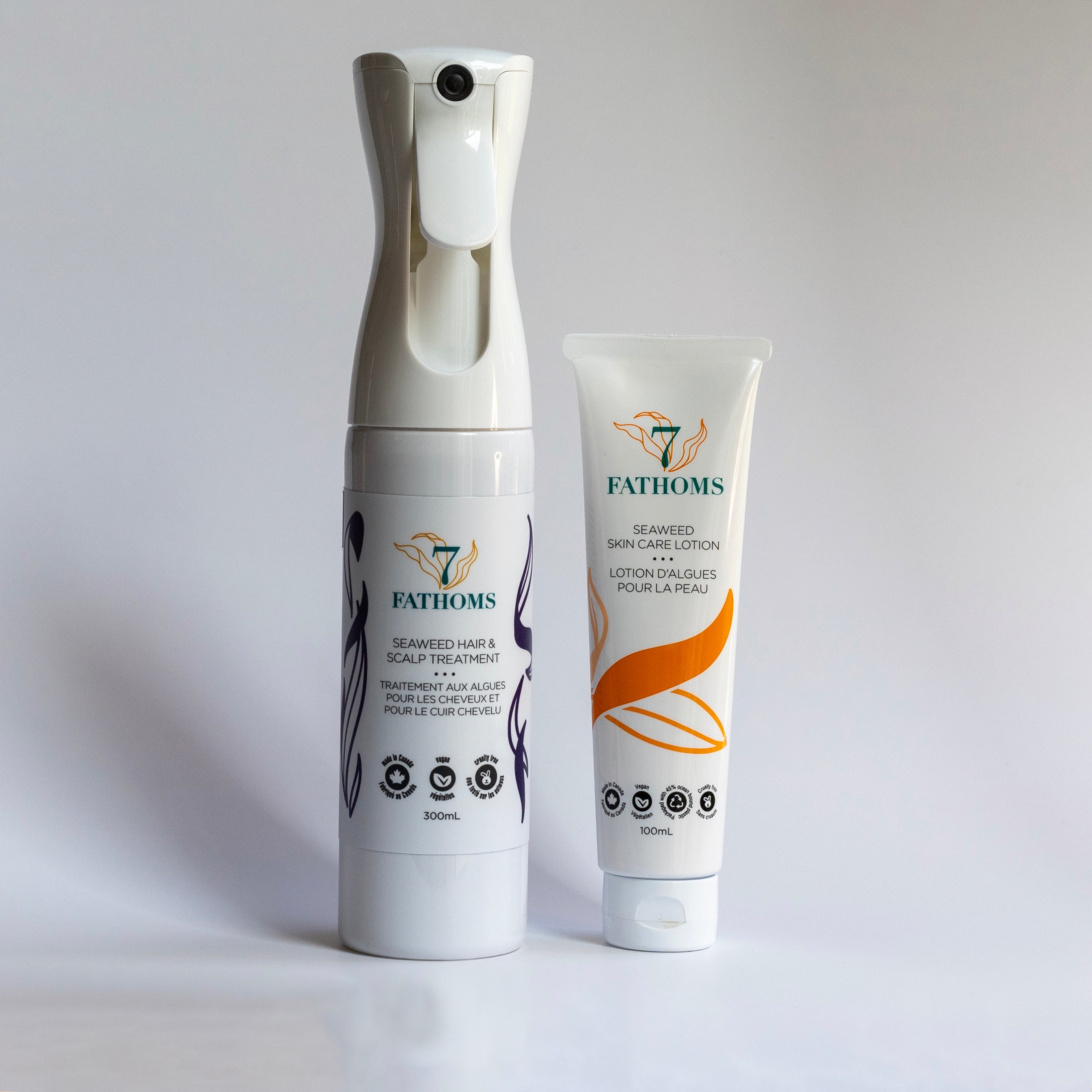 7 Fathoms barrier care lotion and hair and scalp treatment on a white backdrop