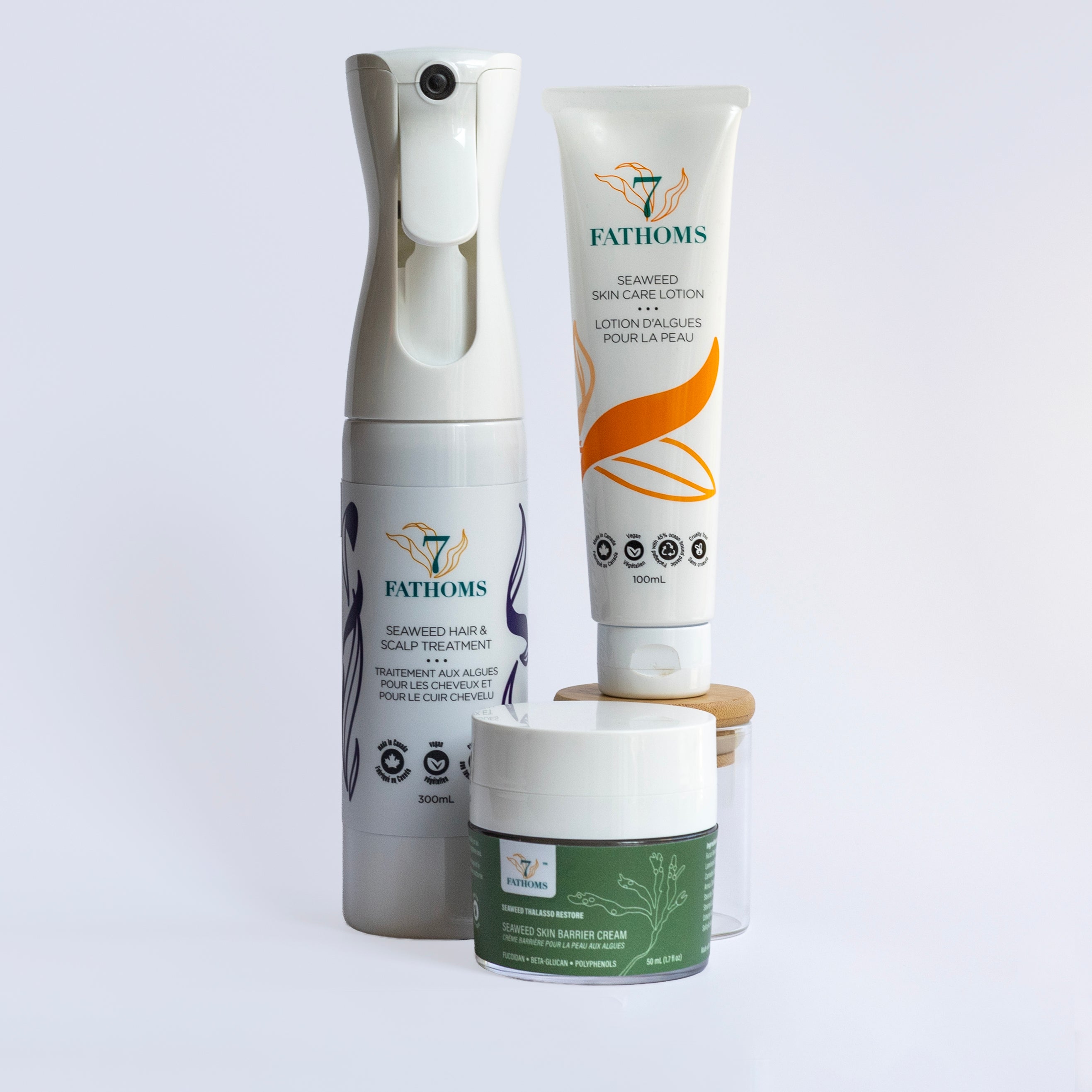 Three Fathoms skincare products on a light gray background