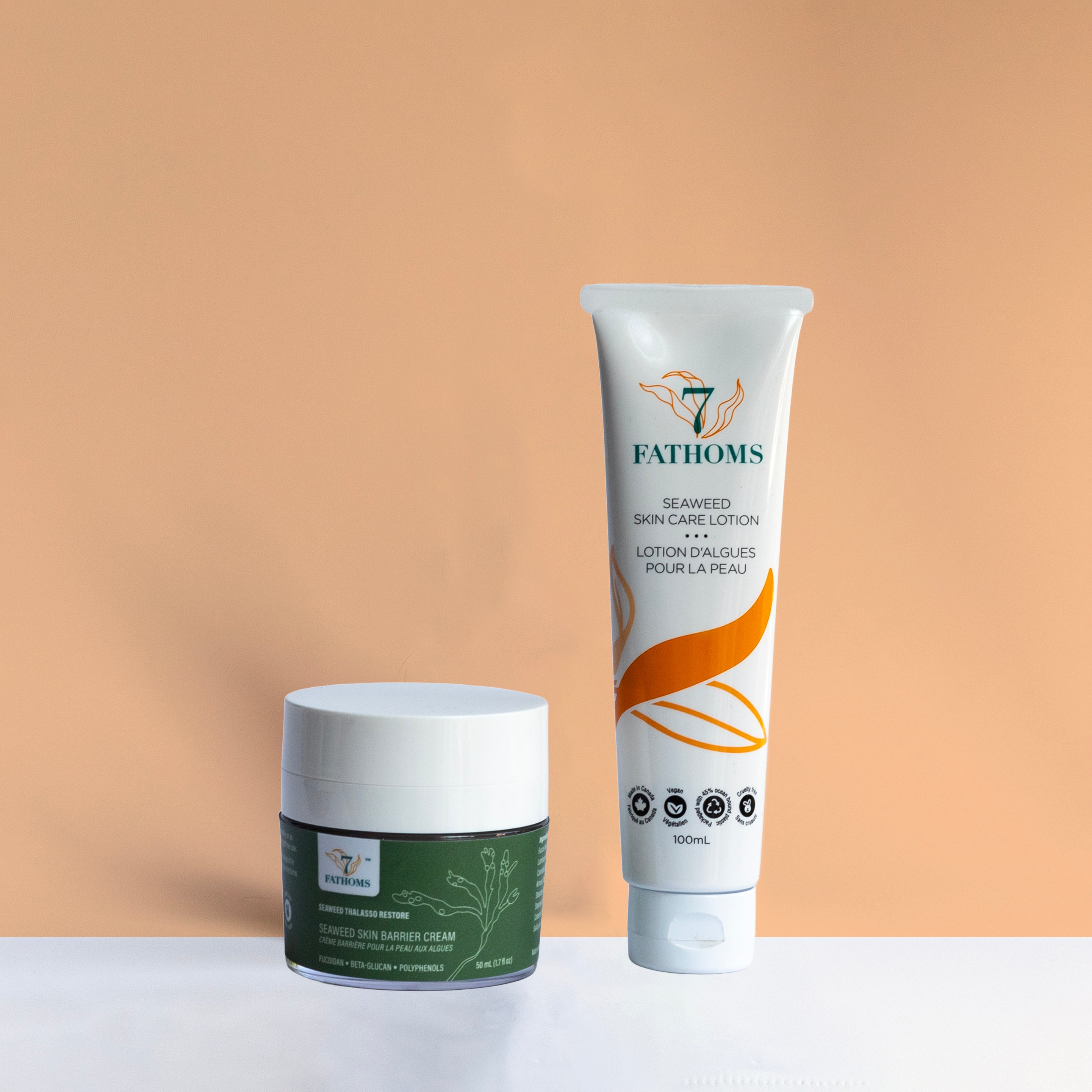 7 Fathoms skincare products on a peach background